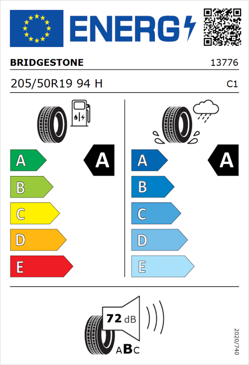 Tyre Label for Bridgestone Turanza T001 Evo 205/50R19 94H