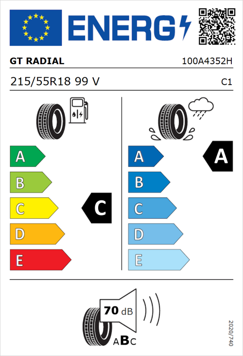 Tyre Label for GT Radial FE2 SUV 215/55R18 99V