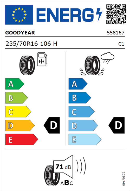 Tyre Label for Goodyear Wrangler HP All Weather 235/70R16 106H